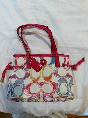 Coach Multicolor Signature Canvas Tote with Pink Trim